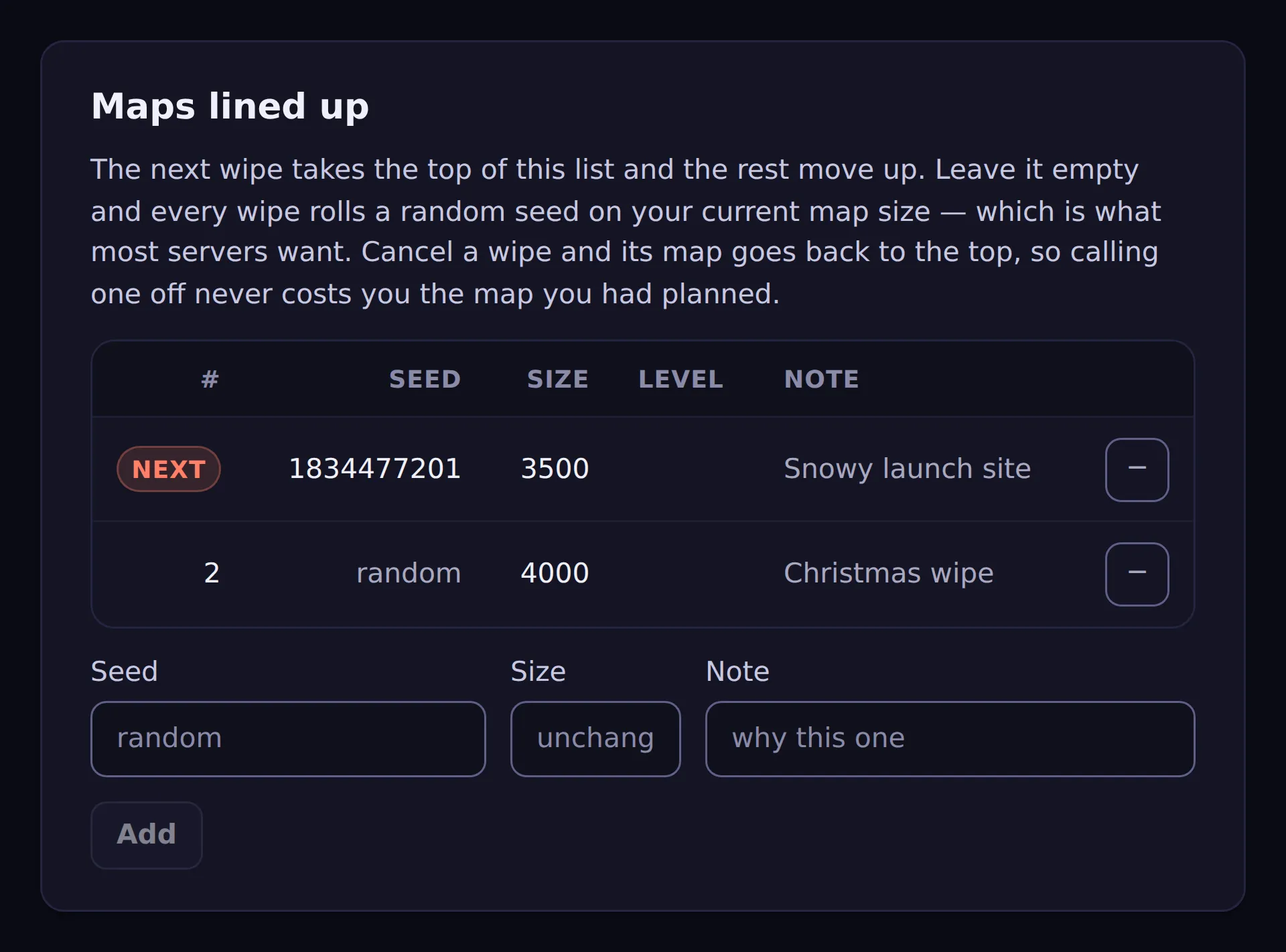 Maps lined up with two entries: next, an exact seed at 3500 metres noted Snowy launch site; second, a random seed at 4000 metres noted Christmas wipe. Below, fields for a seed, a size and a note, and an Add button.