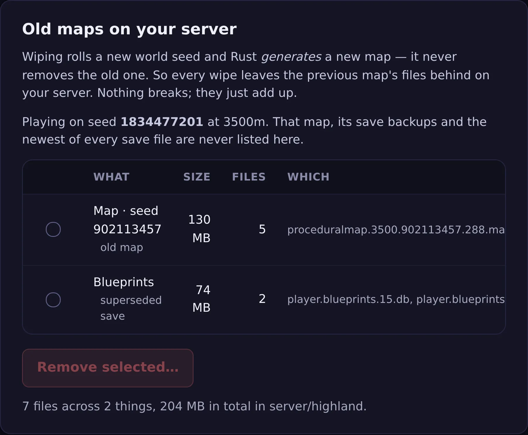 Save hygiene listing two things to clear, neither ticked: an old map, seed 902113457, at 130 MB across 5 files, and superseded blueprint saves at 74 MB across 2 files. It names the seed the server is playing on and says that map, its backups and the newest of every save file are never listed.