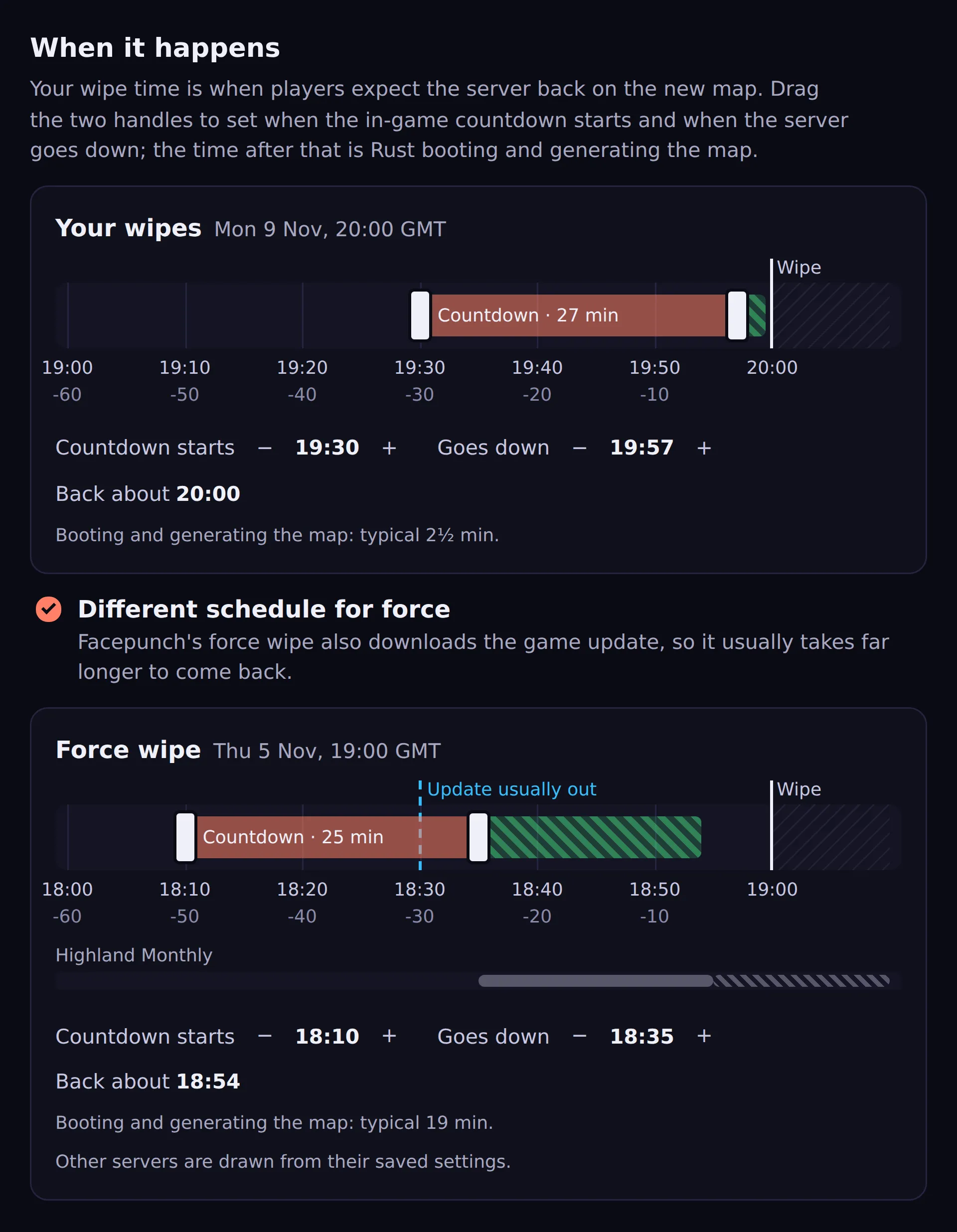 Two timelines. Your wipes: the countdown runs from 19:30 to 19:57 and the server is back about 20:00. Force wipe: the countdown runs from 18:10 to 18:35, just after the dashed Update usually out marker at 18:30, and the server is back about 18:54, ahead of the 19:00 wipe and before the greyed-out Highland Monthly lane starts generating.